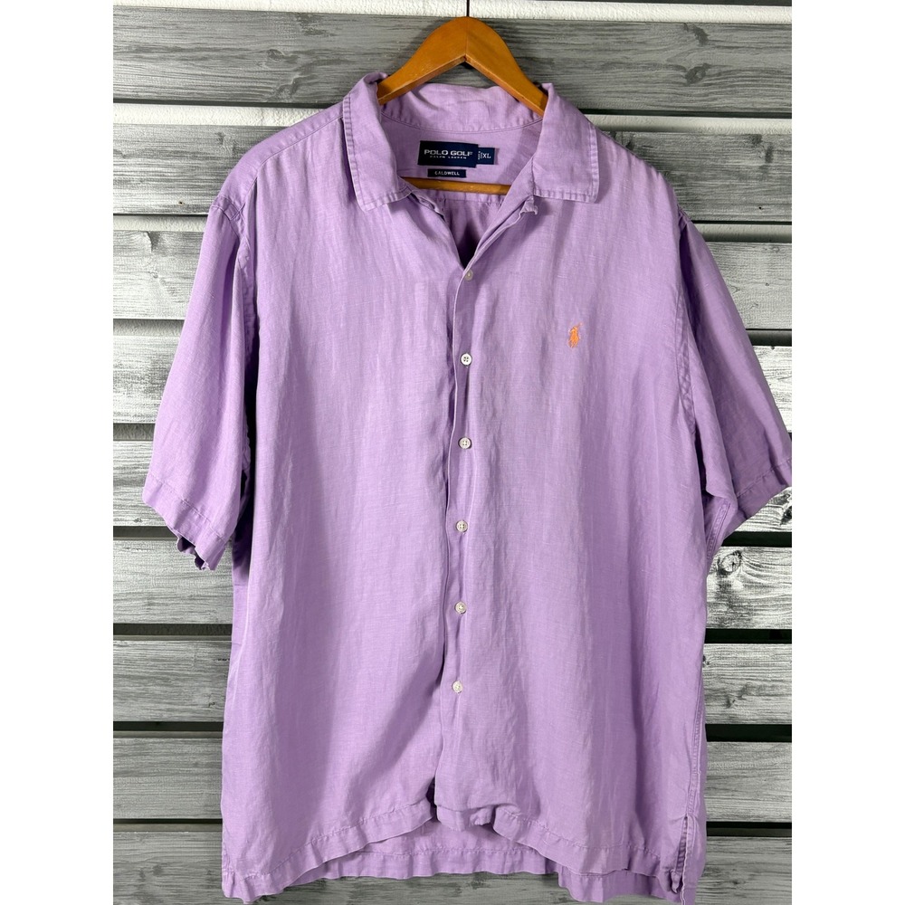 Vtg Polo Golf Ralph Lauren Caldwell Shirt Mens XL Purple Linen Silk Short Sleeve